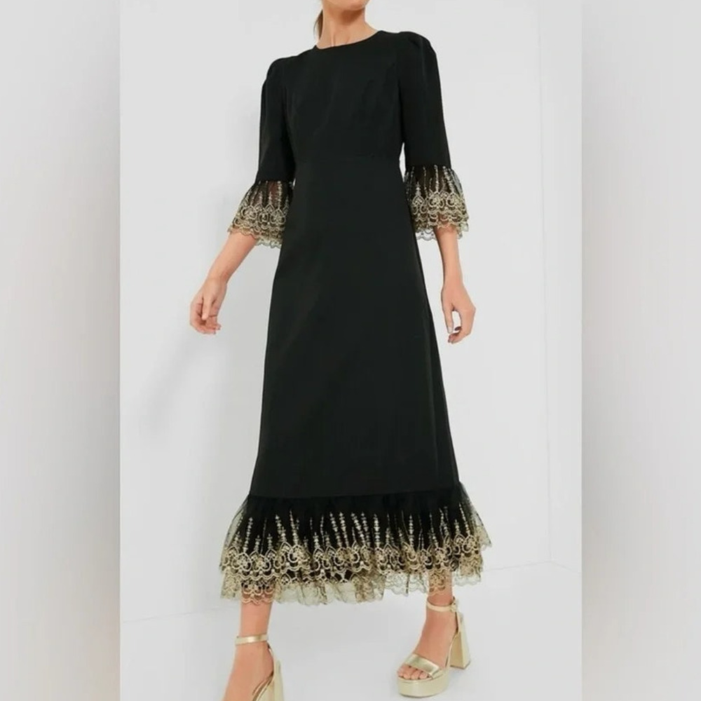 Tuckernuck Pomander Place Lilith Maxi Dress Women's XS Black Gold Lace Trim NEW
